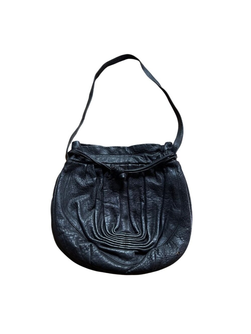 Vintage 80s Aspects 12"x 13" Black Pebbled Leather Ruched Hobo Shoulder Bag